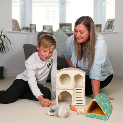 Large Guinea Pig Hideout with Wooden House, Toys & Accessories – Includes Guinea Pig Bed, Castle Hideaway & Chew Toy Bundle with Wooden Hideout, House & Hut Indoor Habitat