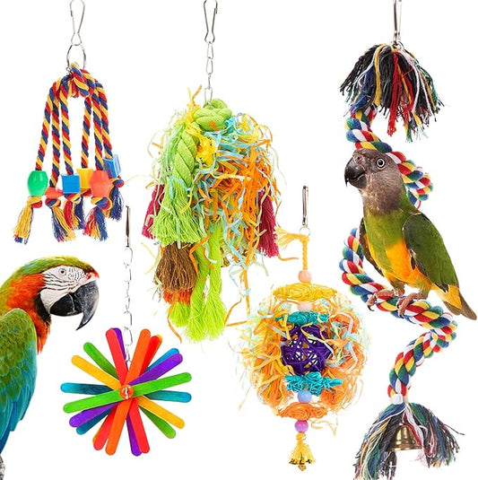 RLRICH 5PACK Colorful Shredder Bird Foraging & Hanging Toys, Comfy Perch Parrot Toy for Rope Bungee