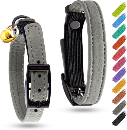 Leather Cat Collar with Bell and Safety Elastic Strap Breakaway Alternative for Small & Large Kittens, Stylish Pet Leather Collar for Boy, Girl Cats with Metal Buckle & QR ID Tag (Gray)