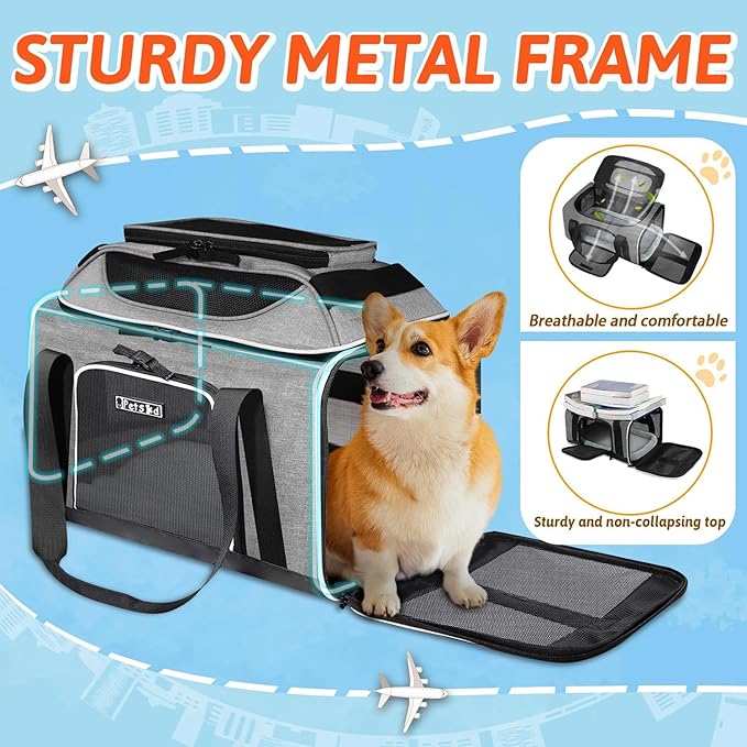 Petskd Top-Expandable Pet Carrier 18x13x9.5 Inches Southwest Airline Approved, Soft-Sided Carrier for Small Cats and Dogs with Locking Safety Zippers and Anti-Scratch Mesh(Grey)