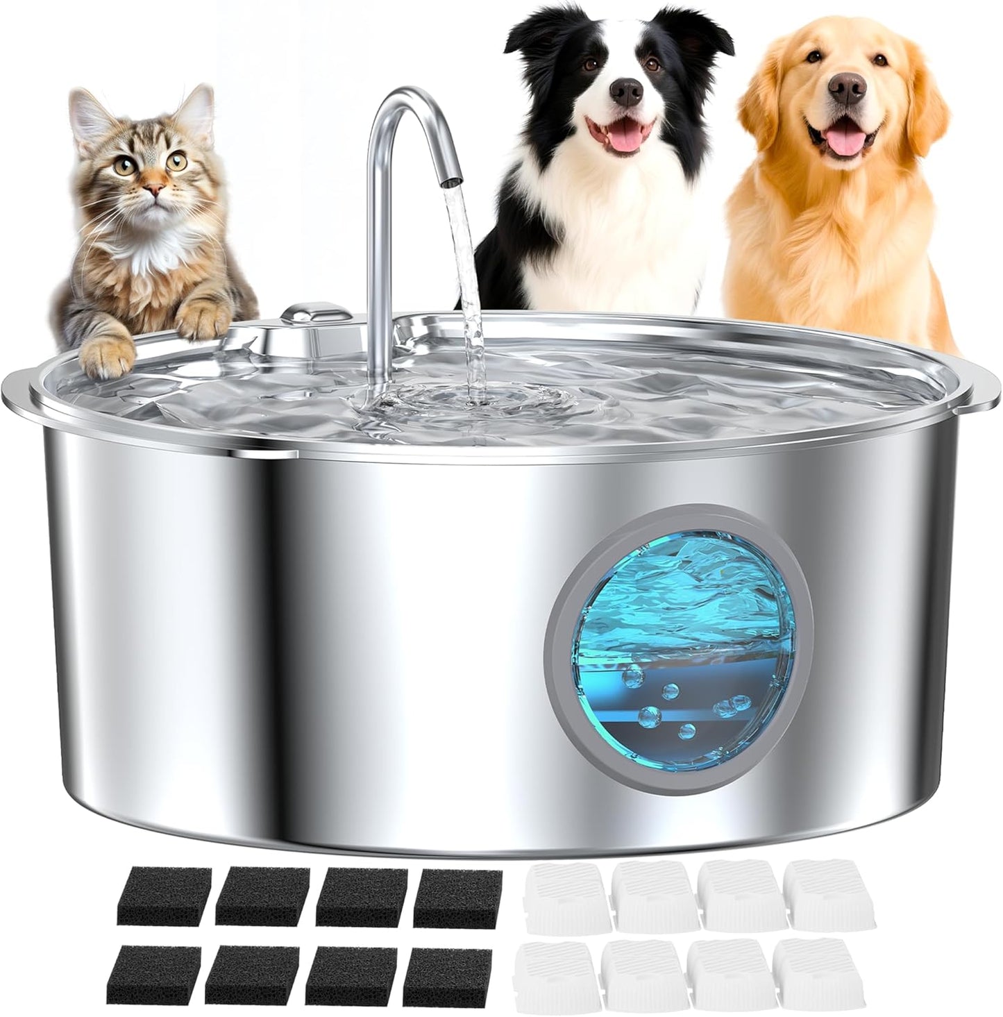 Large Dog Fountain Water Bowl: Sliver Big Cat Water Fountain Stainless Steel - 3.2Gal/406oz/12L Noiseless Giant Dog Fountains -GROOKPET Pet Suppiles for Multi-Pet Home - Contain 8 Filters + 8 Sponges
