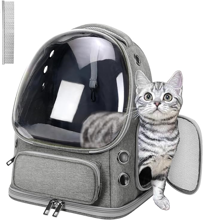 Cat Carrier with Groomer, Breathable Cat Bubble Carrier for Cats or Small Dogs up to 20 lbs, Collapsible Airline Approved, Clear Cat Travel Backpack (Grey)