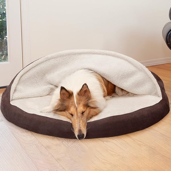 Furhaven 44" Round Orthopedic Dog Bed for Large Dogs w/ Removable Washable Cover, For Dogs Up to 80 lbs - Sherpa & Suede Snuggery - Espresso, 44-inch