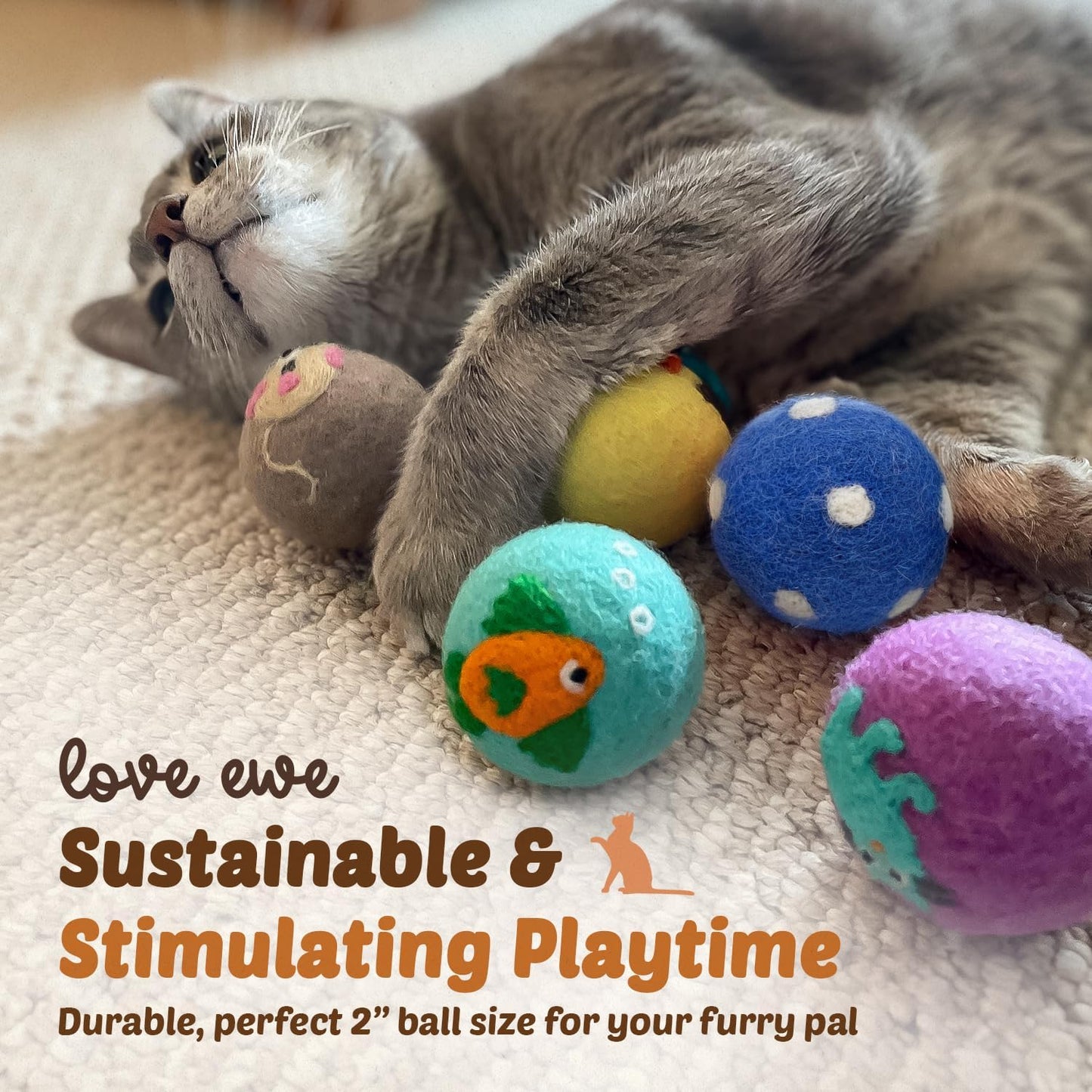 Hustle & Blush Wool Felt Balls 3 Pack Love Ewe Pet Supplies - 2 in Felted Wool Cat Toys 100% New Zealand Wools Felt Cat Toys Handmade Wools Felts Balls - Cats Felts Ball with Bell - Roll The Mice