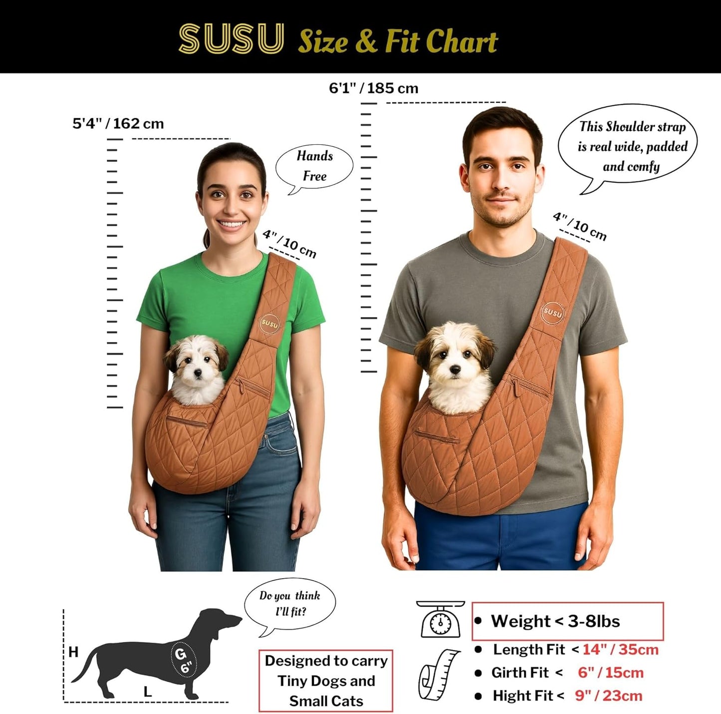 Small Dog Carrier Sling – Copper Brown Hands‑Free 2‑in‑1 Cross‑Body & Handheld Pet Sling for Small Toy Dogs up to 3-8 lb, Parachute‑Grade Rip‑Stop Nylon, Padded Strap & Safety Tether