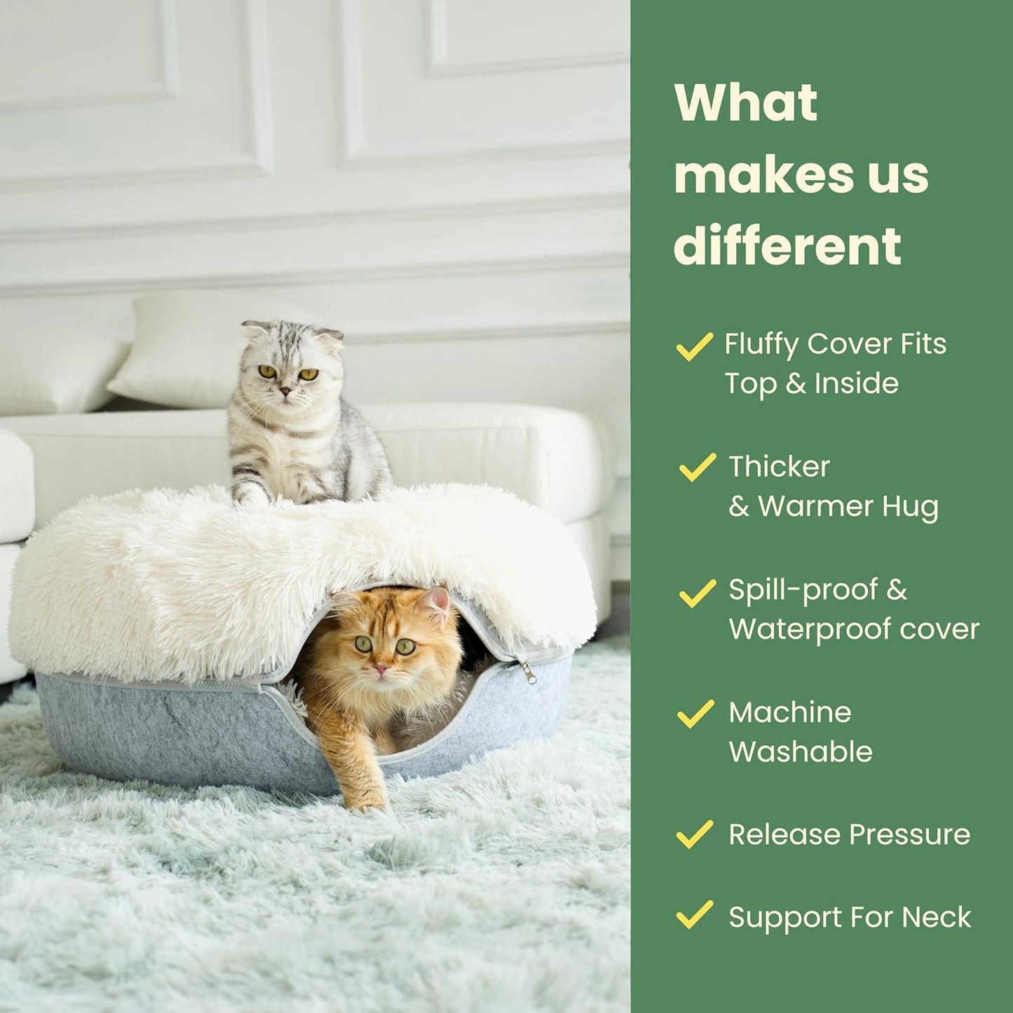 CATTASAURUS Peekaboo Cat Cave for Multiple & Large Cats Up to 30-45 Lbs, Fluffy Cat Beds for Indoor Cats, Scratch Detachable & Washable Tunnel Bed, Comfy Donut Cave (Light Gray, Large (Calming))