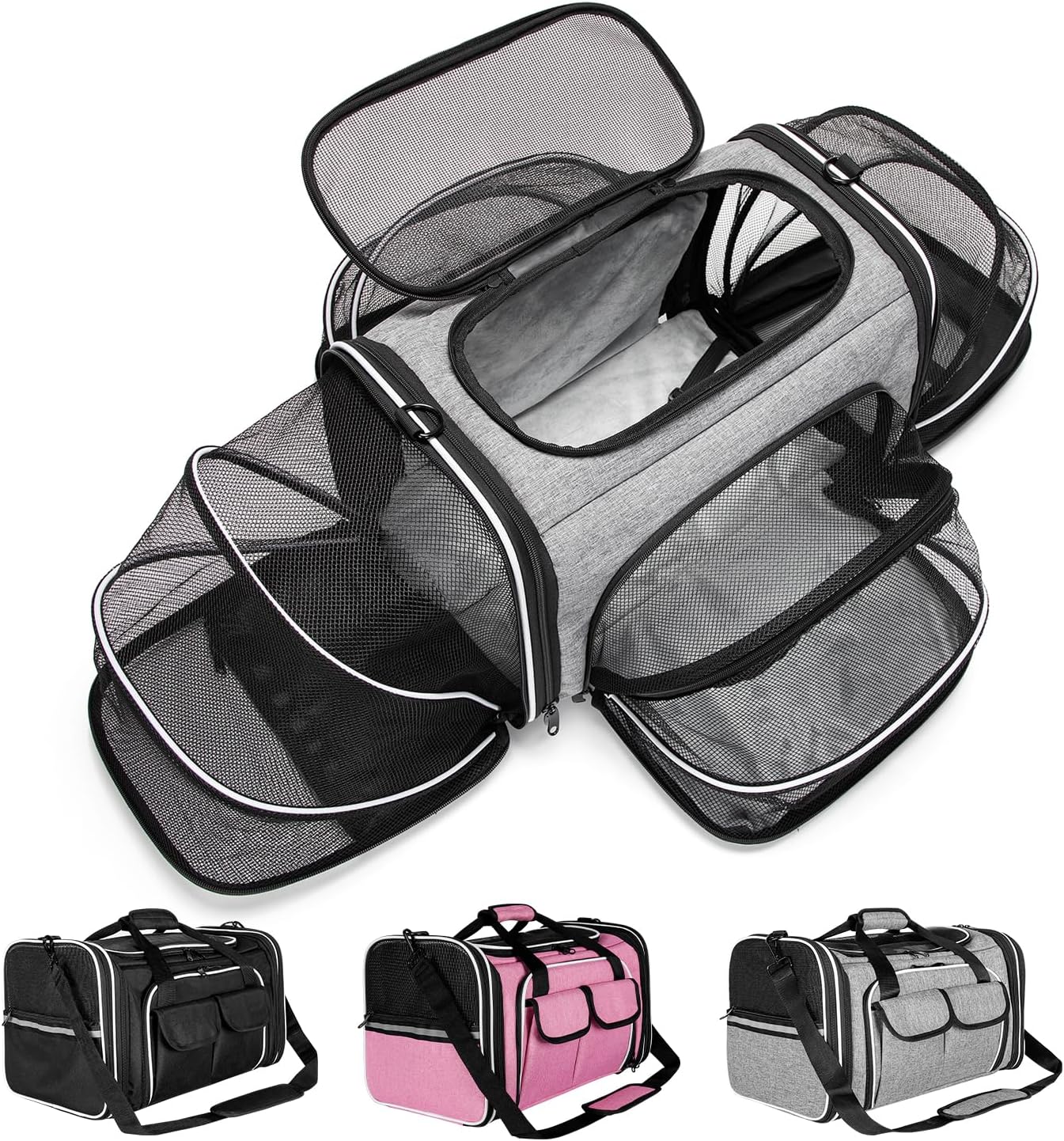 Estarer Soft Sided Pet Carrier Airline Approved, 4 Sides Expandable Collapsible Cat Carrier with Pockets & Removable Fleece Pad, Travel Carrier Bag for Cat Dog & Small Animals (Grey)