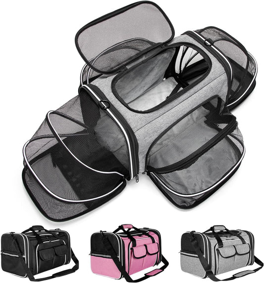Estarer Soft Sided Pet Carrier Airline Approved, 4 Sides Expandable Collapsible Cat Carrier with Pockets & Removable Fleece Pad, Travel Carrier Bag for Cat Dog & Small Animals (Grey)