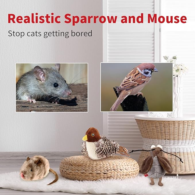 PETGEEK Gigwi Simulated Chirping Bird Cat Toy, Fake Interactive Cat Toys for Indoor Cats, Feather Toy with Hanging Loop for Bored Indoor Adult Kittens Interactive Play (Bird Mouse Cricket)