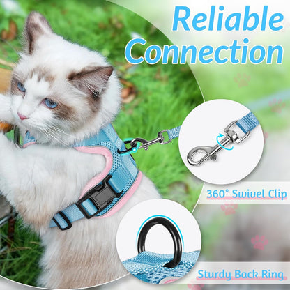 rabbitgoo Cat Harness and Leash for Walking, Escape Proof Soft Adjustable Vest Harnesses for Cats, Easy Control Breathable Reflective Strips Jacket, Light Blue&Pink, XXS