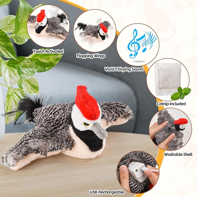 Flappy Bird Cat Toy, Simulated Chirping Flapping Wings Bird, Interactive Catnip Toys, Plush Kitten Exercise Toys for Indoor Cats, Brown Sparrow