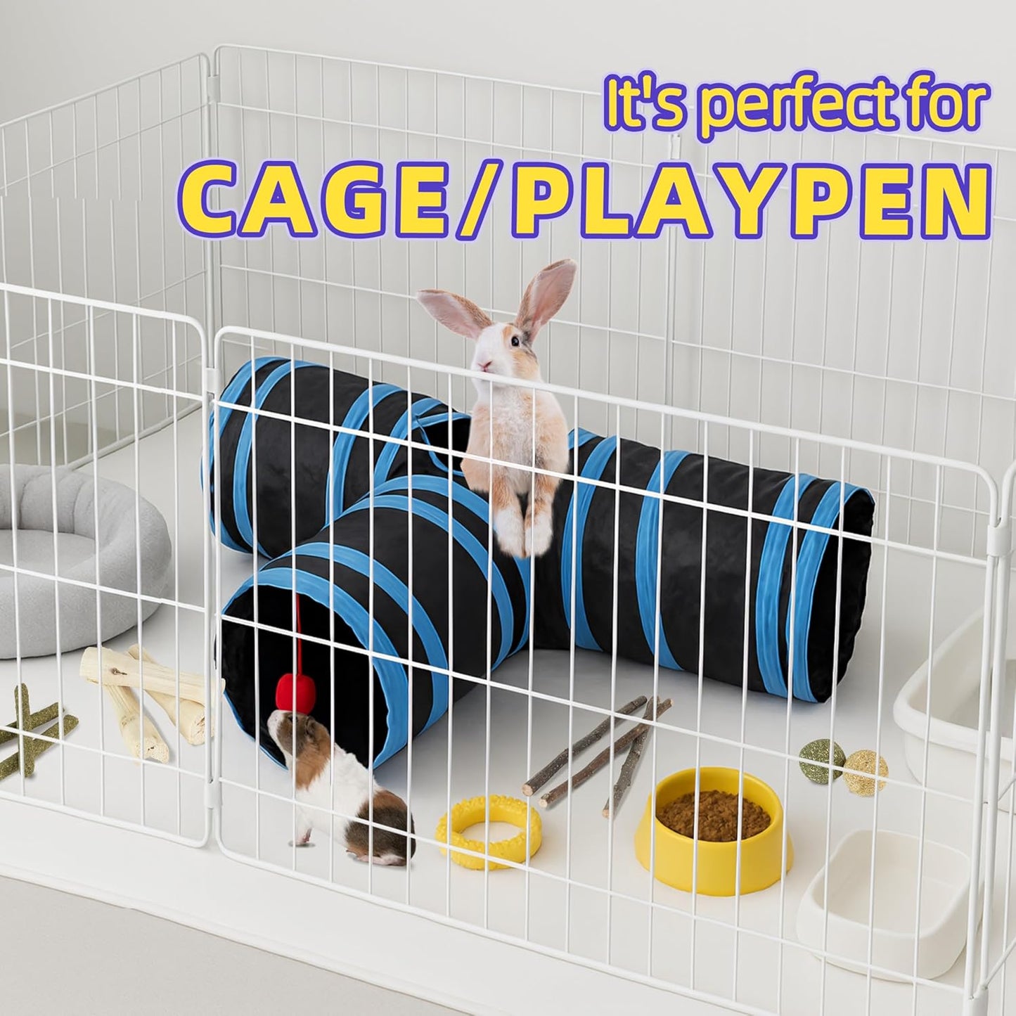 Bunny Tunnels & Tubes Collapsible 3 Way Rabbit Hideout with 13pcs Toys for Bunny Guinea Pig Hamster Chinchilla Hedgehog Rat Ferret Kitten (BK&BU)