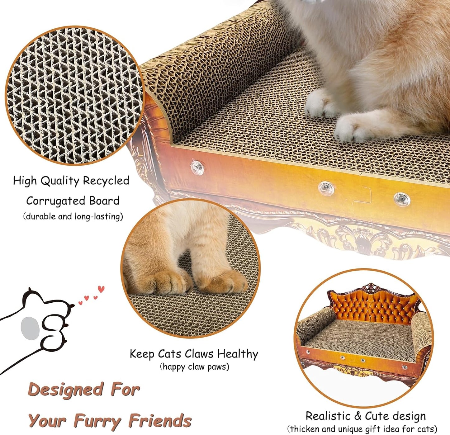 Luxury Cardboard Cat Scratcher Sofa Bed, Couch Shaped Cat Scratching Board, Scratch Lounge with Catnip, Scratcher for Indoor Cats(Brown)