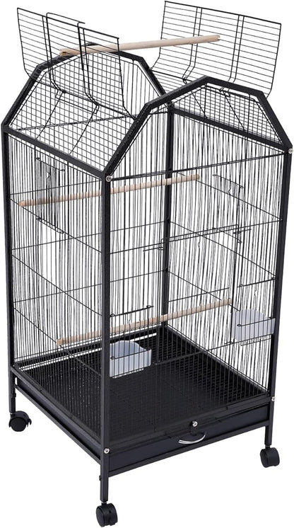 40 Inch Bird Cage with Play Open Top & Lockable Rolling Stand, Medium Birdcage for Parrot Lovebirds Finches Canaries Parakeets Cockatiels Budgie Parrotlet Conures, Black