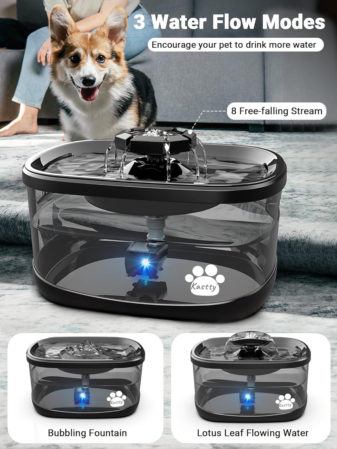 Kastty 2.5Gal/9.5L Dog Water Fountain 3 Flow Modes Cat Fountain with 2 Flower Spouts& 7" Larger Filter Super Filtration& Smart 3 in 1 LED Safe Pump, BPA-Free, Quiet for Large Dogs& Multi Pets(FS68)