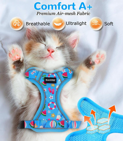 Halypet Cat Harness and Leash Set for Walking, Escape Proof Adjustable Vest Harness with 3-in-1 Integrated Buckles, Easy Control Soft Breathable Mesh with Reflective Strips for Cats, M, Ocean Blue