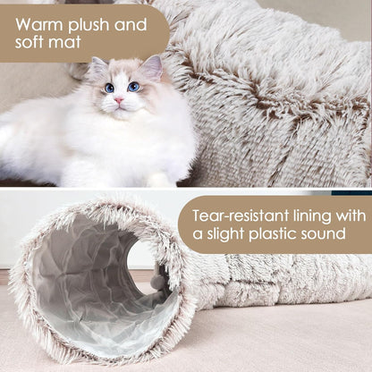 Cat Tunnel Bed for Indoor Cats, Peekaboo Cat Cave with Washable Soft Play Mat, Furry Cat Tube, for Kitten/Puppy/Rabbit, Brown