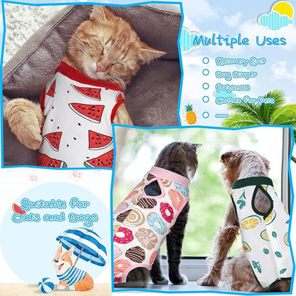 Nuanchu 3 Pieces Cat Recovery Suit Kitten Recovery Suit E-Collar Alternative for Cats and Dogs Abdominal Skin Anti Licking Pajama Clothes Sets(Small,Watermelon Style,Colorful)