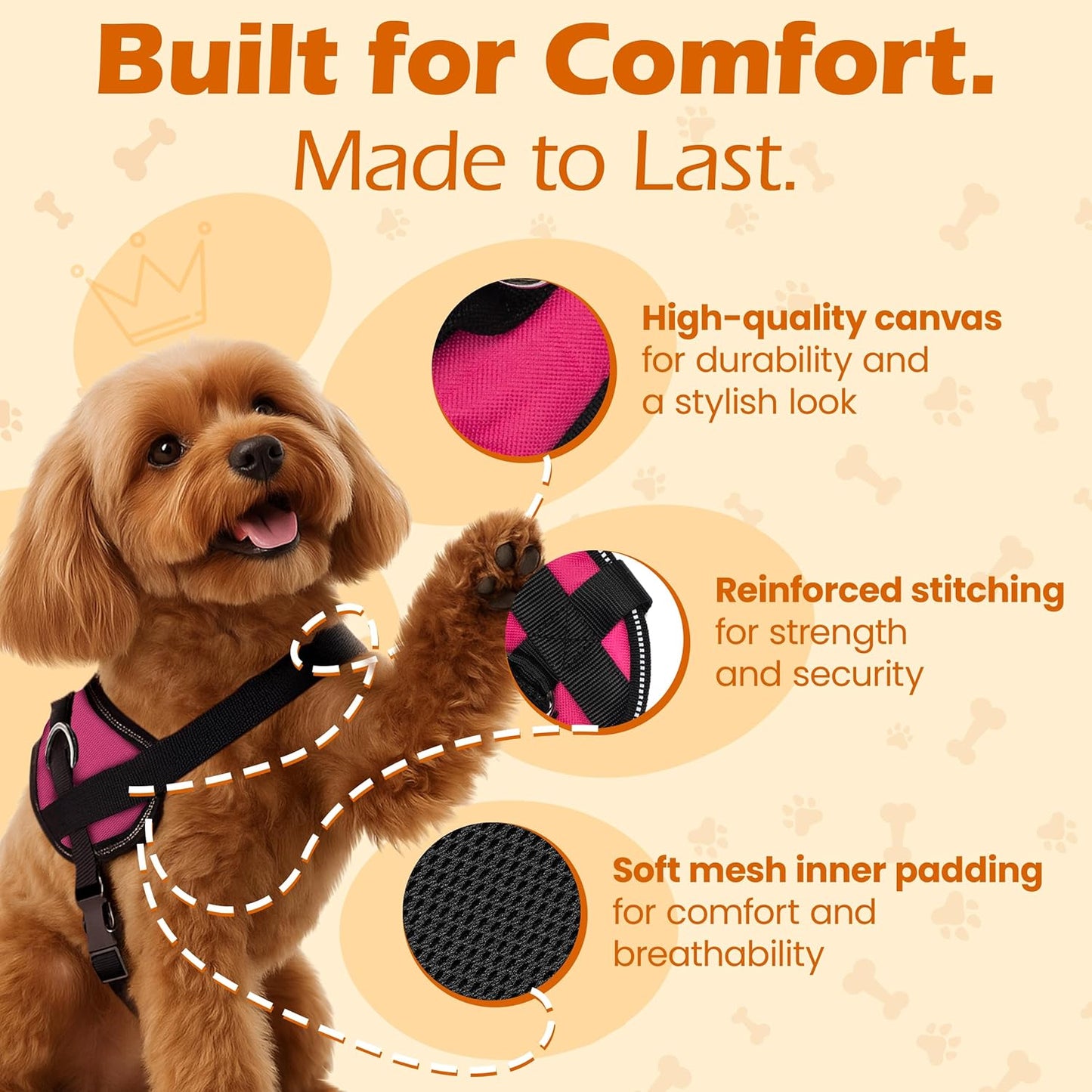 Bark Appeal Pink No-Pull Dog Harness for Extra Small Sized Pets – Adjustable, Reflective Vest with 3 Leash Clips for Added Control, Easy Walks & Training – XS