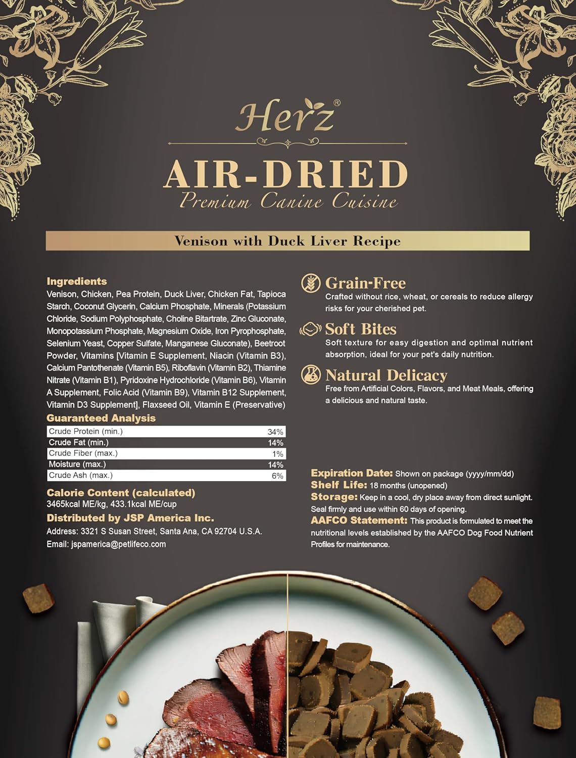Herz Air-Dried Dog Food Venison & Duck Liver Recipe 1 lb, All-Natural, High-Protein, Grain-Free, Limited Ingredients, Complete & Balanced, Premium Canine Cuisine