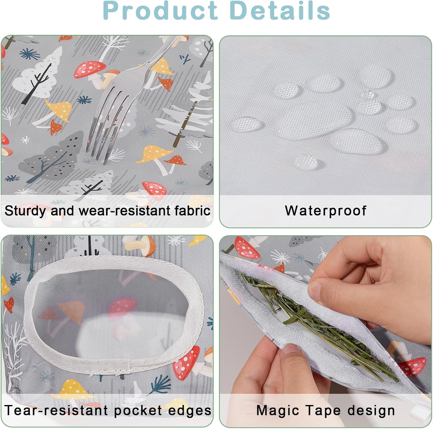 Glittme 2 Pack Guinea Pig Hay Feeder, 11.5x9 Inch Hay Bag for Rabbits, Hanging Hay Holder for Guinea Pigs Cage Hay Feeder for Bunny, Small Pets,Grey Mushroom