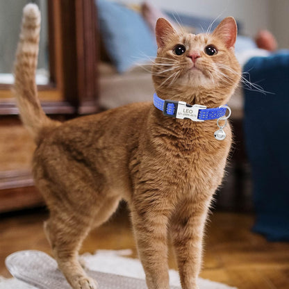 Personalized Reflective Nylon Cat Collar with Name Phone,Custom Engraved Buckle Cat Collar with Bell,Adjustable for Small Dogs Puppy Kitten (Navy Blue,fit 7.5''-12.0'')