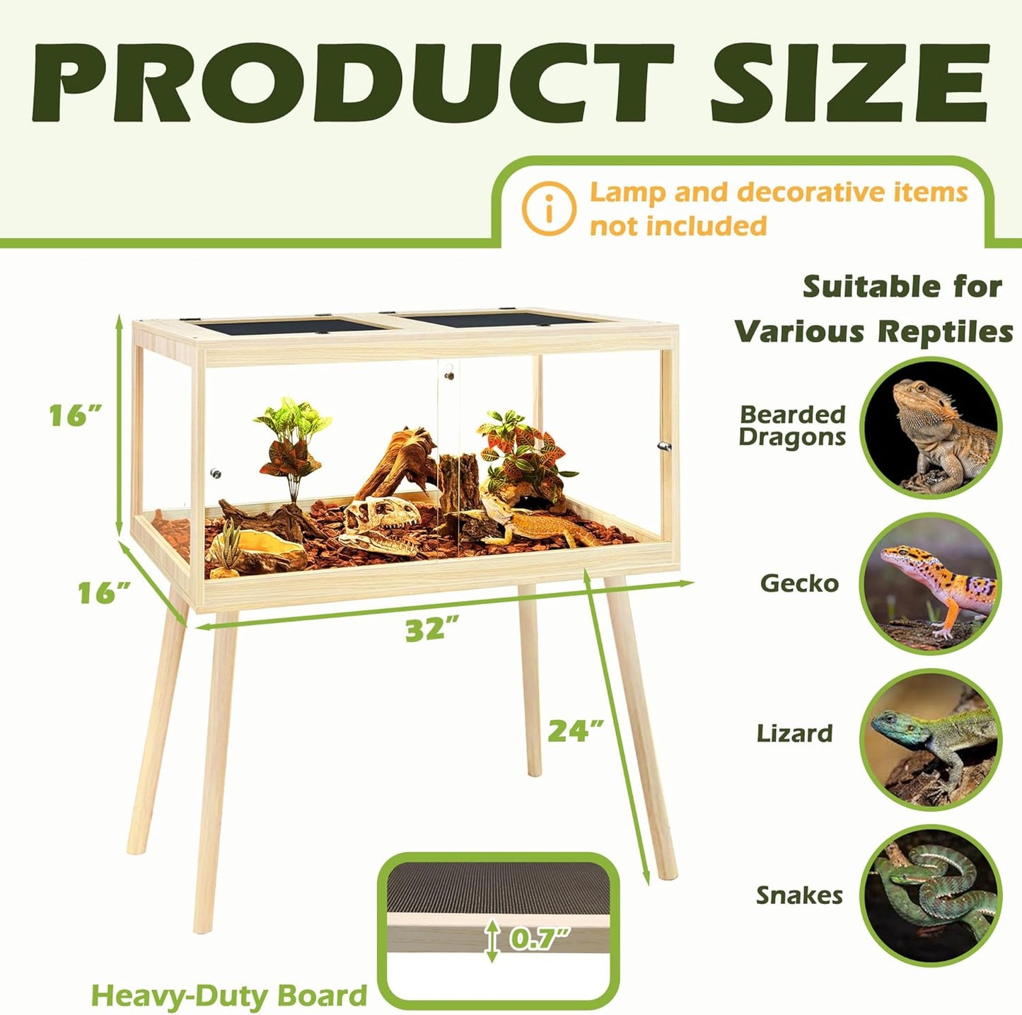 Prolee Bearded Dragon Tank with Leg Stand,Wooden Lizard Tank,Reptile Tank with Metal Mesh Roof Door, Acrylic Panel Snake Tank with Lock Design (Oak, 32"x16"x16")