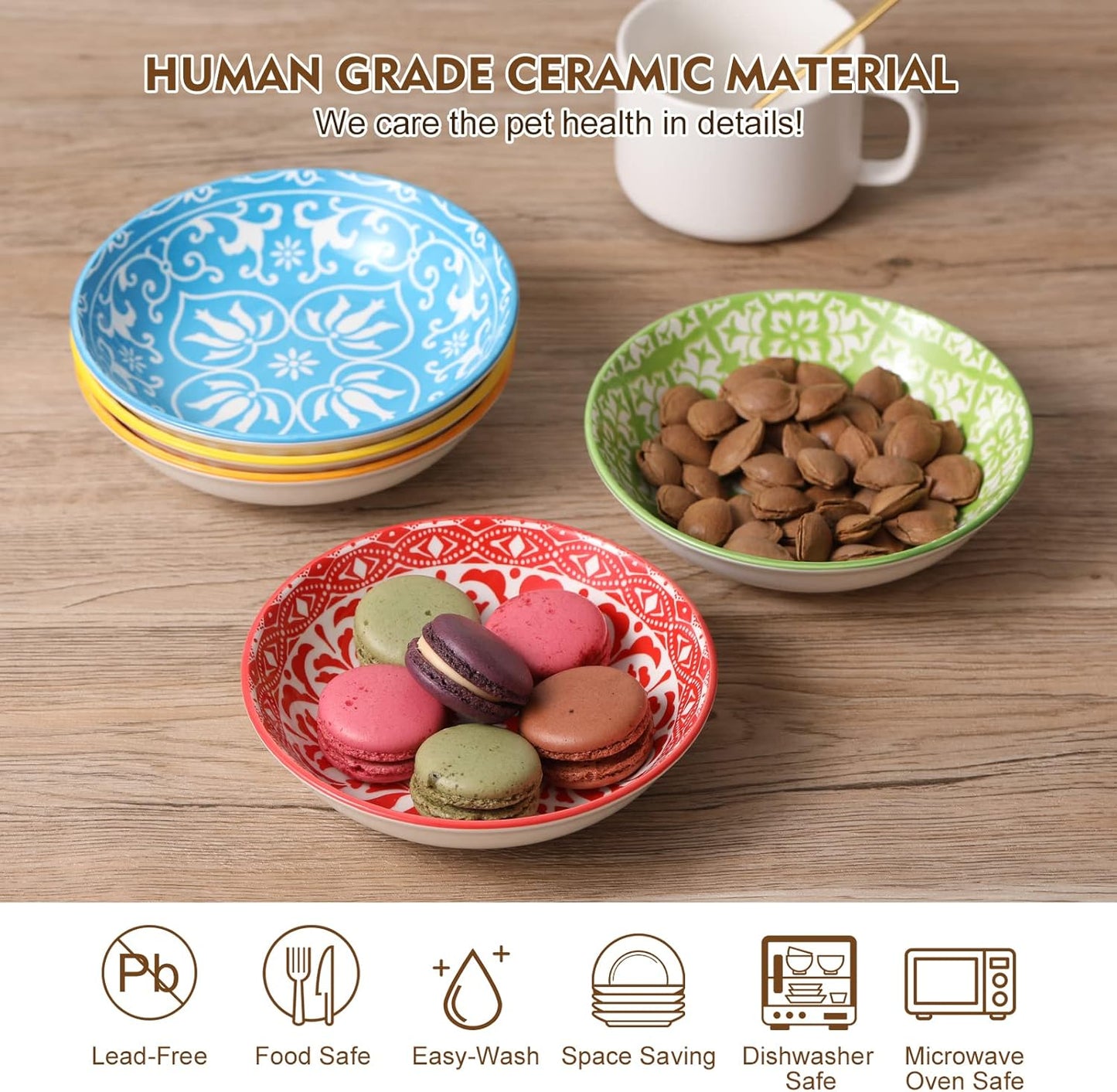 Ceramic Cat Dishes for Food - Colorful Cute Cat Bowl Set of 6 - Wide, Shallow, Whisker Friendly - Microwave and Dishwasher Safe - 8.5 oz - 5.75 inch