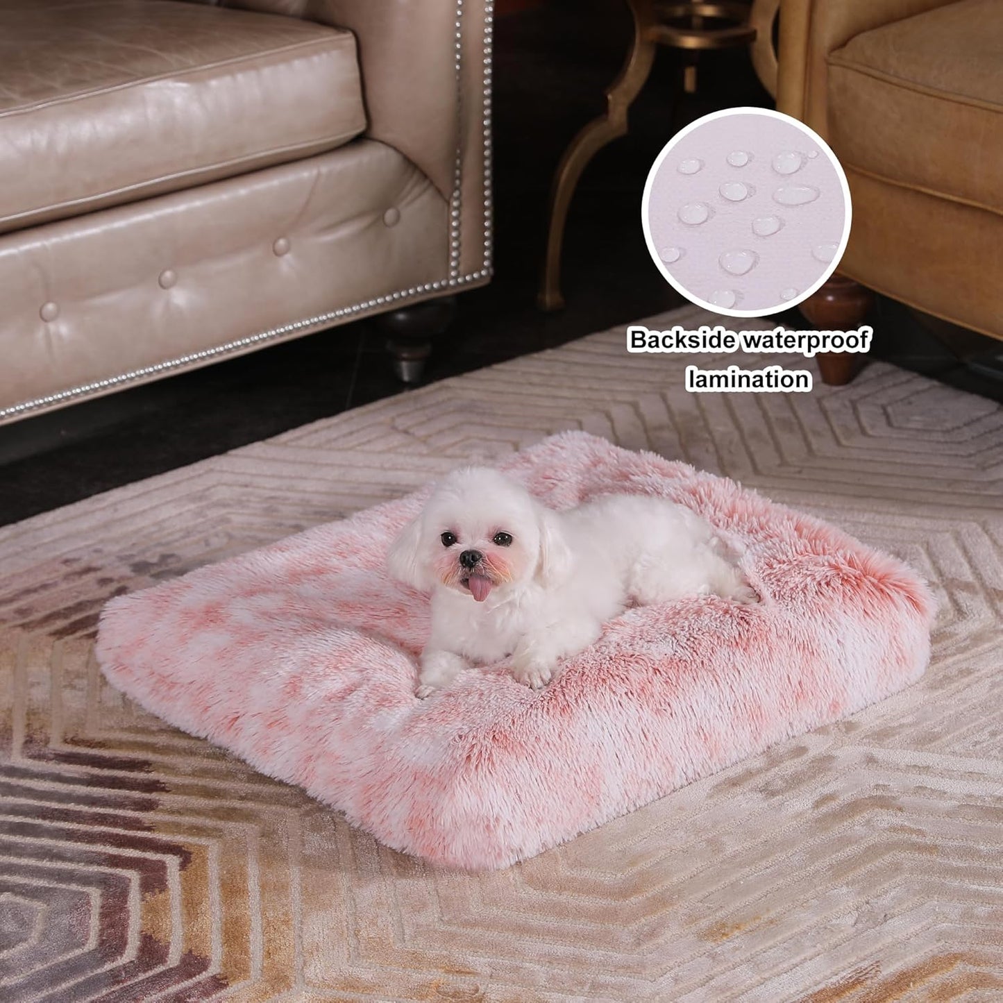 Bedfolks Waterproof Dog Crate Bed, Plush With Removable Washable Cover, Faux Fur Pad for Small Dogs and Cats, Fluffy Kennel 21"x13", Pink
