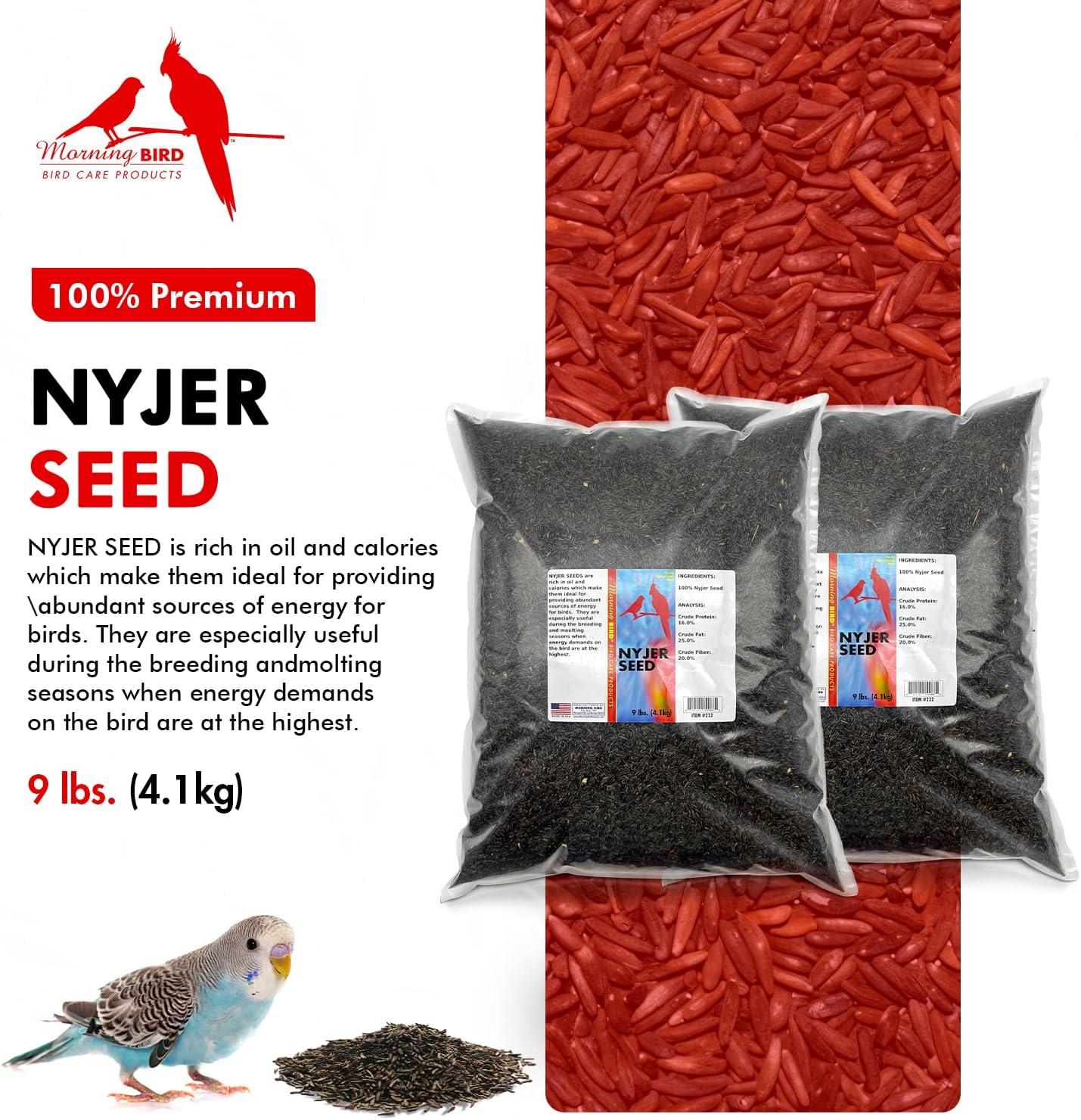 Morning Bird Nyjer Seed for Birds 18 lbs (2-Pack, 9 lbs Each)– Energizing Nutrition with Rich in Vitamins and Supplements – Ideal Bird Food for Breeding & Molting – Finch Seed for All Birds
