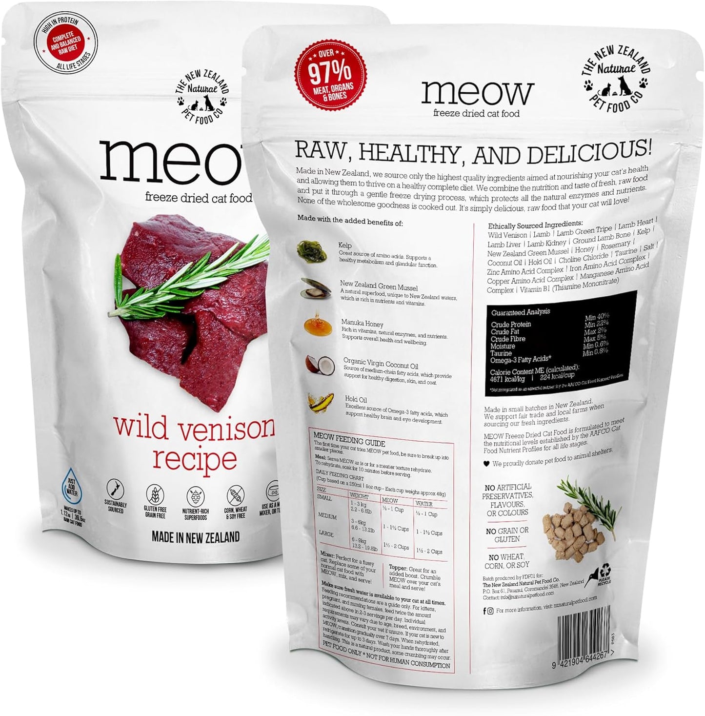 The New Zealand Natural Pet Food Co Meow Freeze Dried Cat Food - Wild Venison Recipe, High Protein Treats, Meals & Toppers, Dry Cat Food, 9.9 oz