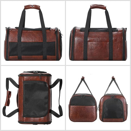 Fashion Leather Dog Carrier, Airline Approved Cat Carrier Soft Sided Pet Bag Carrier Purse for Puppy Kitten Small Animals Coffee