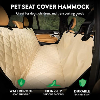 Plush Paws Products Premium Rear Car Seat Protector w/Hammock | Washable & Waterproof Back Seat Dog Cover for Car, Truck, & SUV | Nonslip, Tear Resistant Pet Seat Cover | Regular Tan