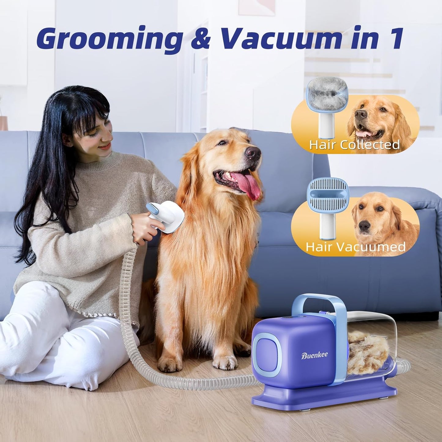 Dog Grooming Kit with Vacuum, All-in-One Pet Grooming Vacuum for Dogs and Cats, Low Noise Pet Hair Clipper & Shedding Brush, Dog Hair Remover, Cat Pet Groomer Set with Cleaning Brushes, Blue