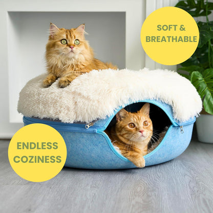 CATTASAURUS Peekaboo Cat Cave for Multiple & Large Cats Up to 30-45 Lbs, Fluffy Cat Beds for Indoor Cats, Scratch Detachable & Washable Tunnel Bed, Comfy Donut Cave (Blue, Large (Calming))