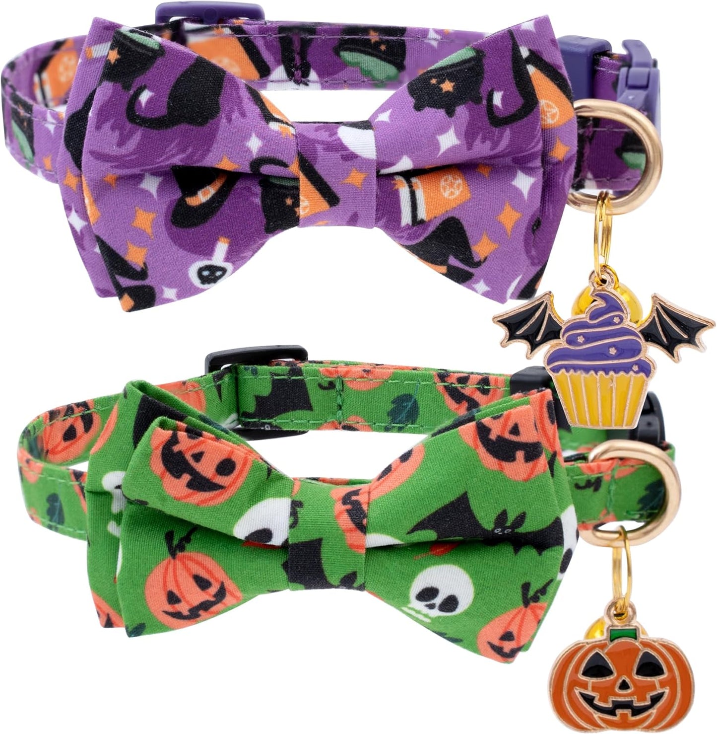 Faygarsle 2 Pack Cute Seasonal Cat Collar for Halloween and Fall Breakaway Collar with Bells Bowtie Cute Patterns for Female and Male Cats Green Purple Cat Collar