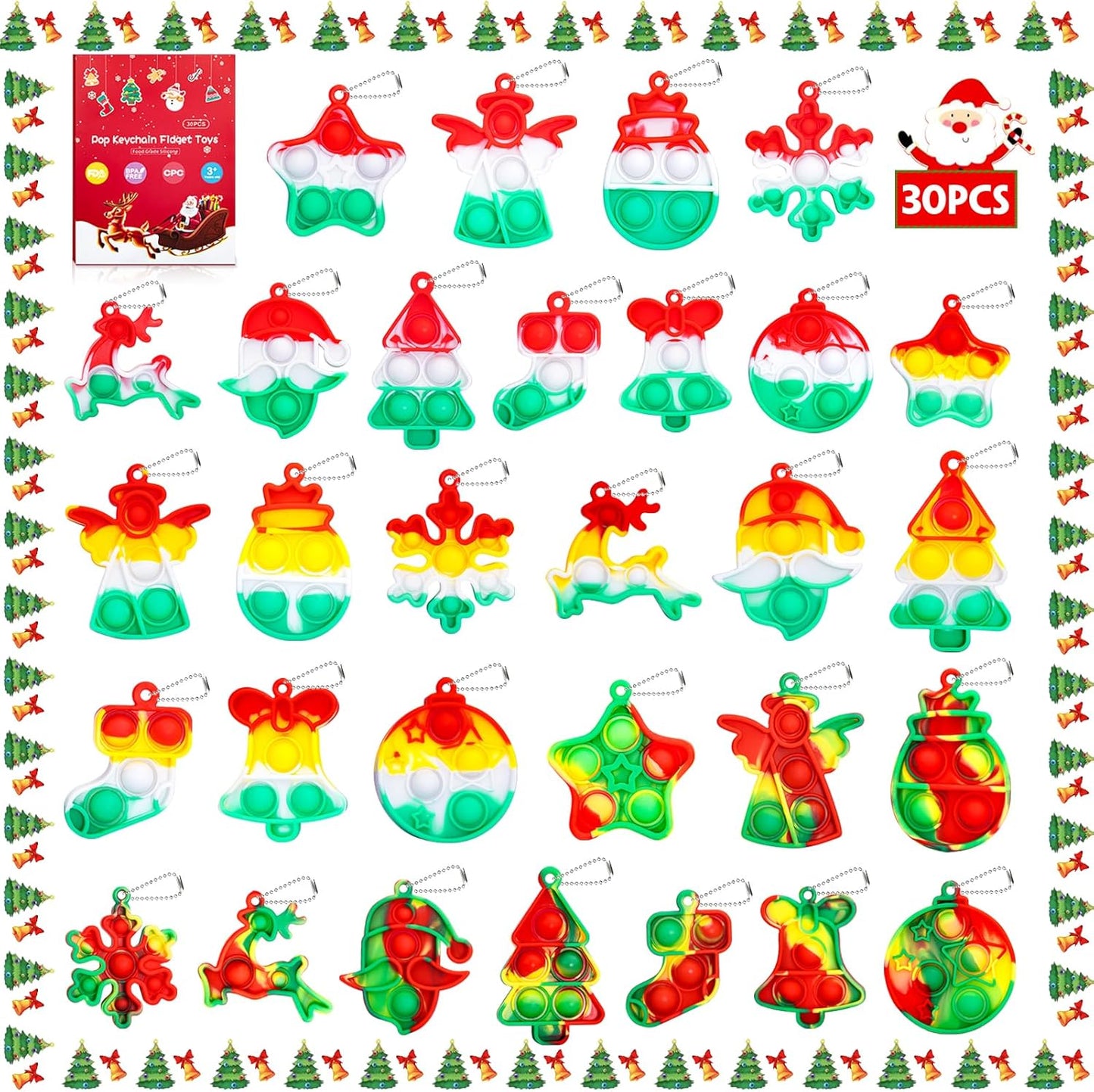 Christmas Pop Fidget Toys Bulk Its Christmas Party Favors for Kids 30 Pack Mini Pop Keychain It Stocking Stuffers for Kids Goodie Bag Stuffers Fidgets for Classroom Prizes Student Birthday Party Gifts