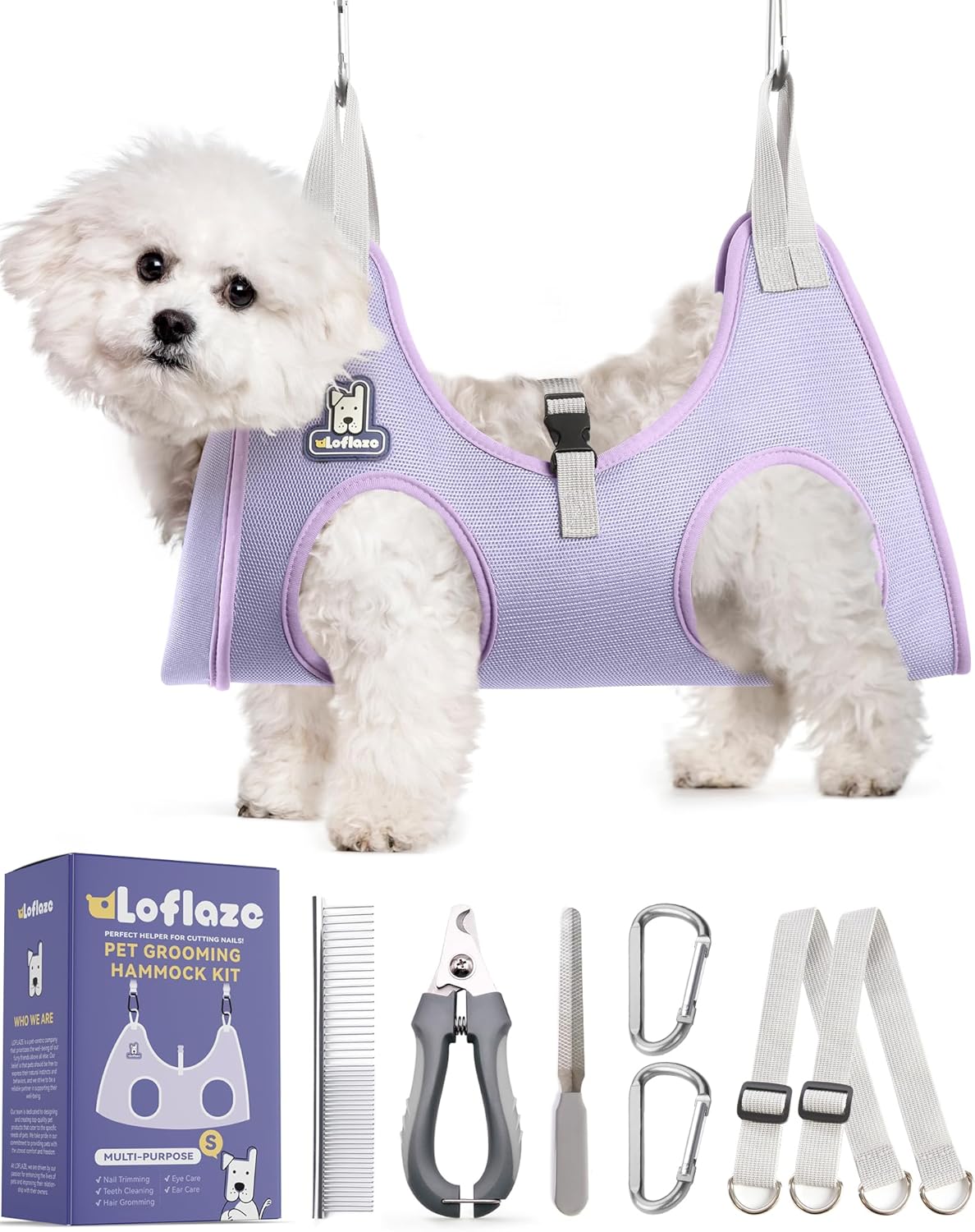 Dog Grooming Hammock Harness for Dogs & Cats with Pet Nail Clipper Trimmer - Cat Hanger Sling for Trimming Clipping Nails- Dog Hammock Restraint Bag for Small Medium Large pet （ Purple S）