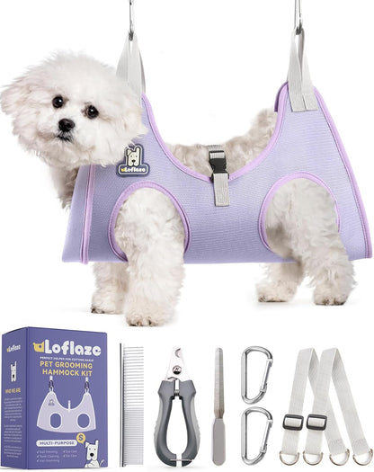Dog Grooming Hammock Harness for Dogs & Cats with Pet Nail Clipper Trimmer - Cat Hanger Sling for Trimming Clipping Nails- Dog Hammock Restraint Bag for Small Medium Large pet （ Purple S）