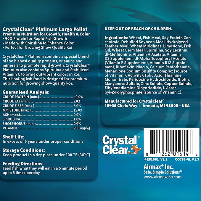 CrystalClear Platinum Fish Food, Premium Floating Pellets for Koi & Goldfish – Boost Growth, Color, and Wellness in Backyard Ponds & Water Gardens, 5mm Pellets, 2.2 Lbs