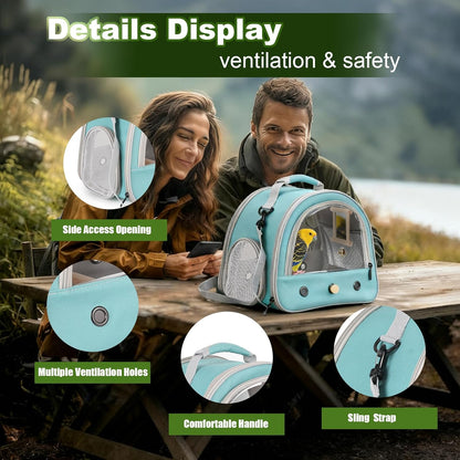 Parrot Travel Cage with Bird Cage Bells Mirror Set,Portable Small Bird Parakeet Bag with Standing Perch and Comfy Mat Bird Carry Transport Bag with Clear Window Vet Visit Shopping