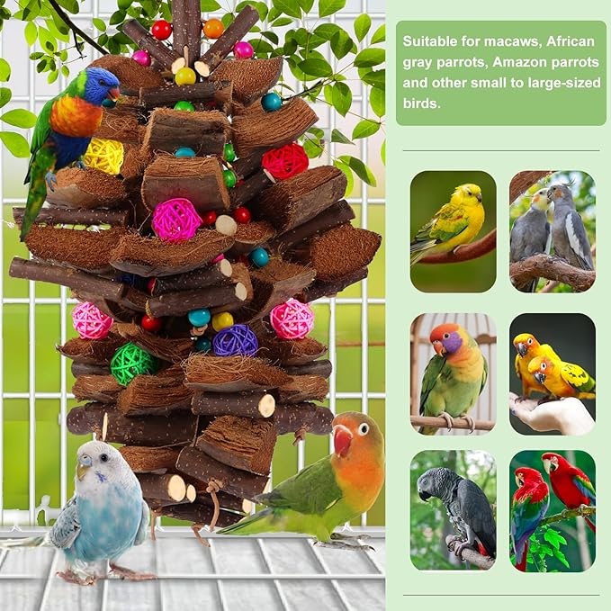 Kyouki Bird Toy for Parrots，Cockatiels, Budgies, Conures, Macaws, Lovebirds, Amazons and Other Small/Medium/Large Birds - Chewable & Shreddable Natural Coconut Husk Enrichment Toy (Large)