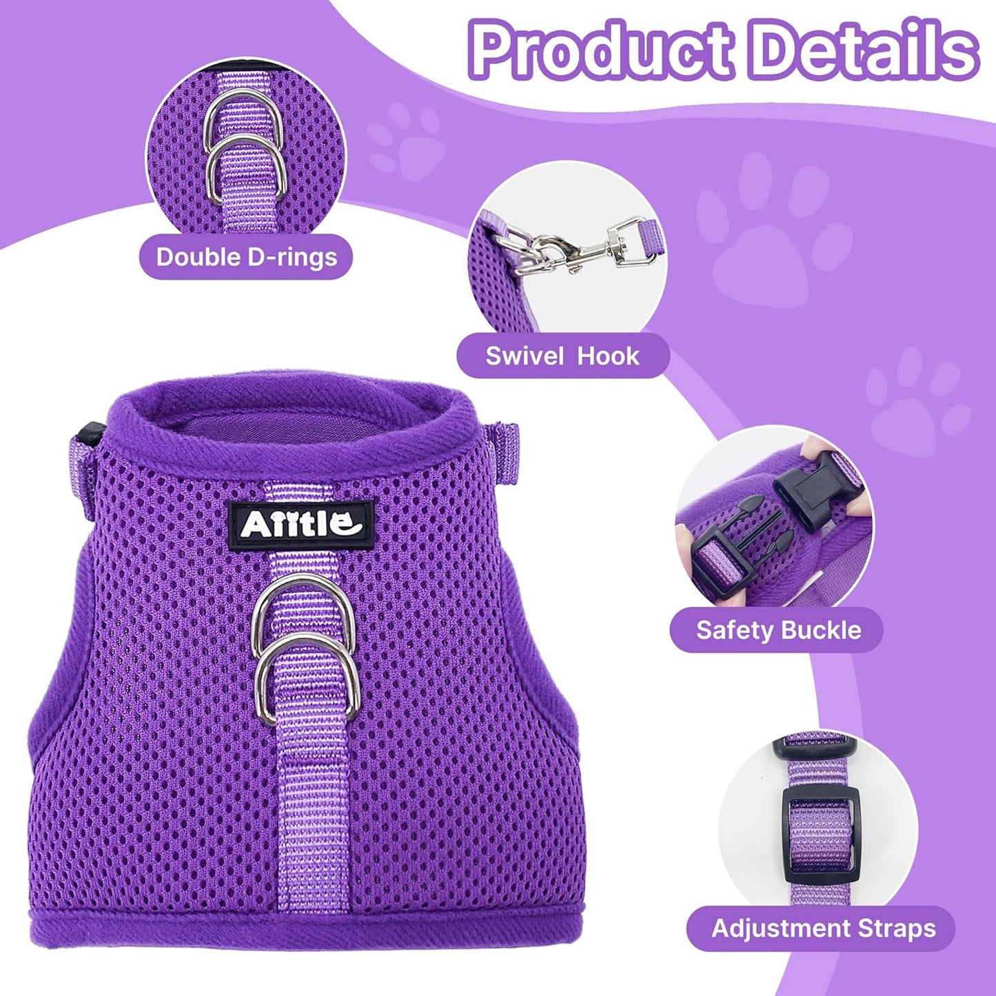 AIITLE Lightweight Escape Bunny Harness and Leash Set - Air Mesh Vest with Double D-Rings, Adjustable & Magic Tape Design, for Ferret/Cat/Puppy Training and Hiking Adventures, Purple L