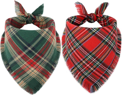 Vivifying Dog Christmas Bandana with Tassels Edges, 2 Pack Classic Plaid Triangle Dog Apparel & Accessories, Funny Holiday Pet Scarf Costume for Photo Prop, and Party Decor (Large, Red&Green)