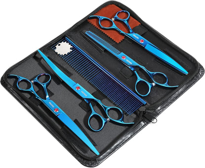 7.0in Titanium Professional Pet Grooming Scissors Set, GEMEK 6 in 1 Straight & Thinning & Upwards Curved & Downwards Curved Scissors & Comb for Dogs, Cats (Blue)
