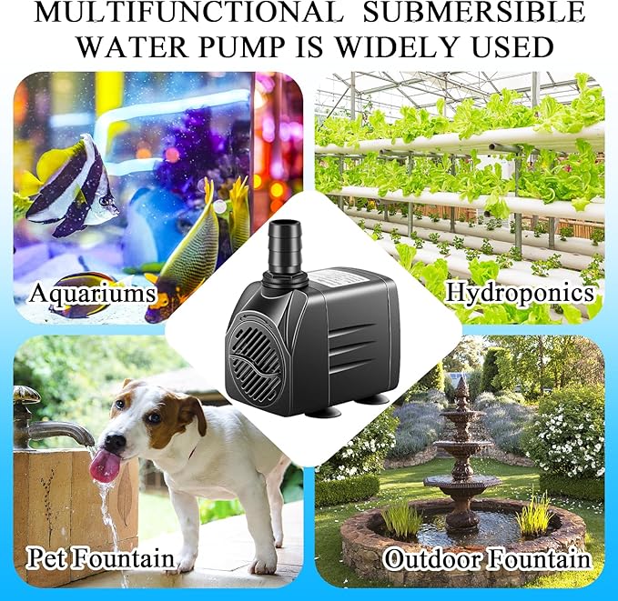 Submersible Pump, Small Fountain Pump with Tubing, Submersible Water Pump for Aquarium Fish Tank Indoor or Outdoor Pond Fountain Hydroponics Statuary (25W 400GPH, No Led Light)