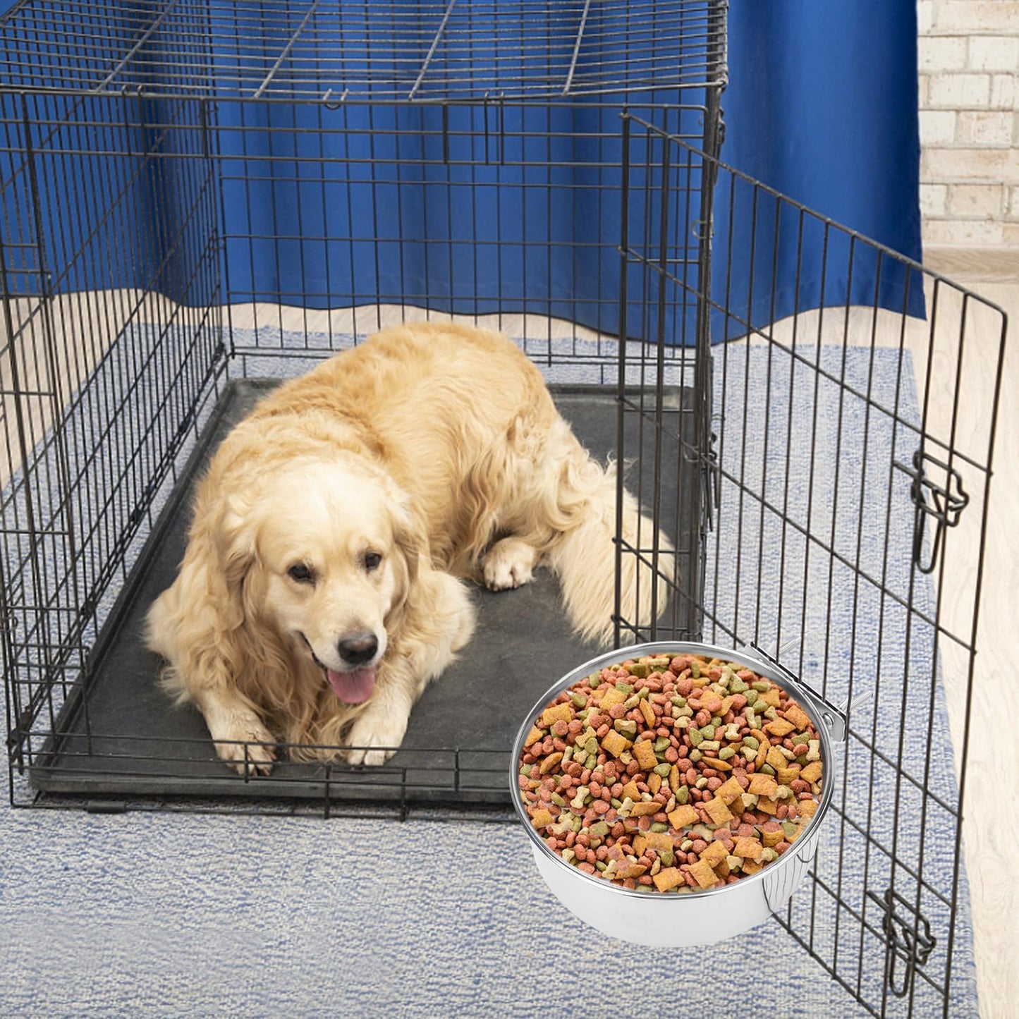 Wontee Pet Food Water Bowl with Clamp Holder Stainless Steel Feeding Cups Feeder for Dog Bird Parrot Cat Rabbit, 2 Packs (XL)