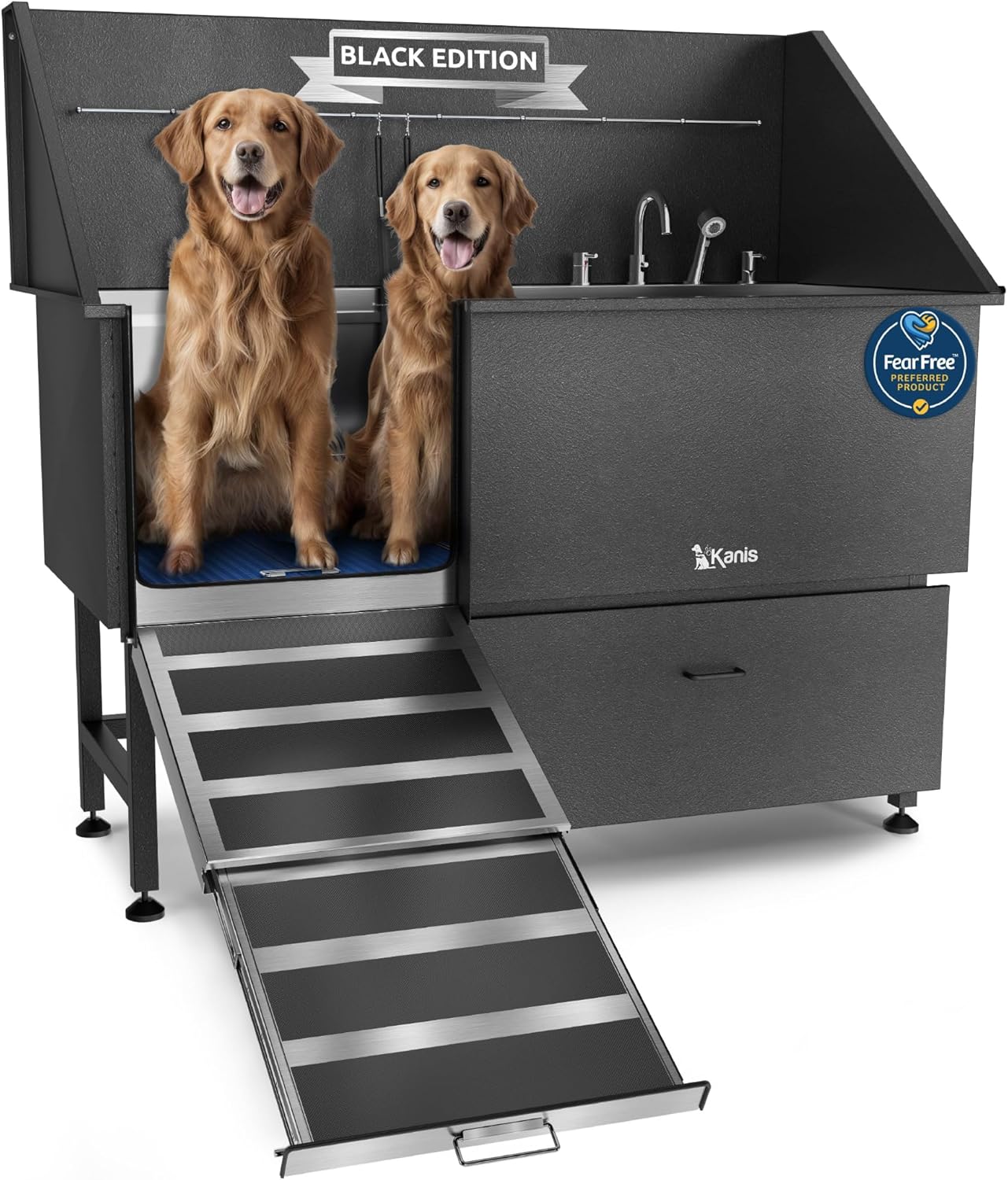 KANIS Black Line Professional Dog Washing Station - 304 Stainless Steel Pet Wash Sink & Grooming Bathtub w/Shower, Floor Grates and Storage for Large, Medium & Small Pets (61", 1 Drawer - Left Ramp)