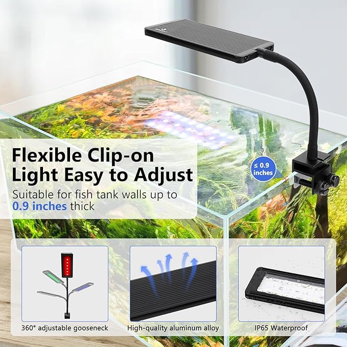 fishkeeper Clip On Aquarium LED Light, 24/7 Mode Full Spectrum Fish Tank Light with Timer, Adjustable 8 Color / 5 Brightness Simulate Sunrise-Day-Sunset-Moon for 7.87-12.99 inch Planted Tank 9W