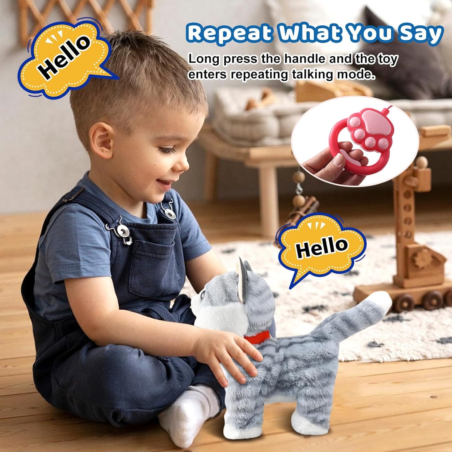 Gray Walking Cat Set Interactive Toy Cat for Girl Repeat What You Say Toy Kitten Talking Singing Dancing Touch Control Robot Cat Toy for Kid with Leash Wagging Tail Nodding Plush Electric Kitty